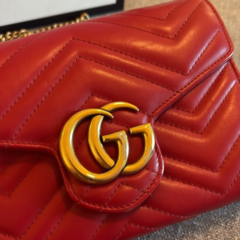 Gucci Red Chevron Quilted Leather Crossbody with Gold Double G